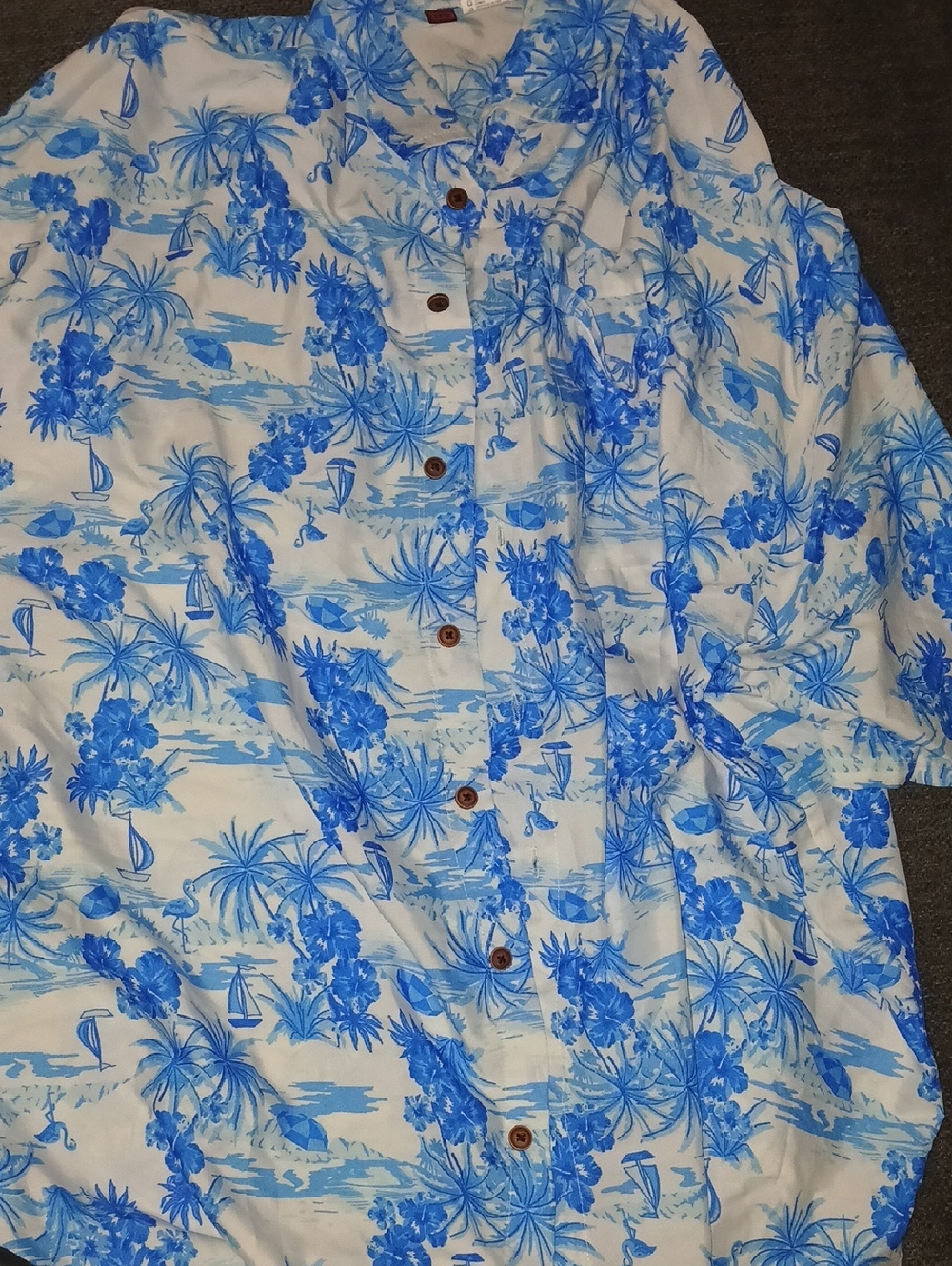 Men's White & Blue Tropical Print Button-Down Shirt